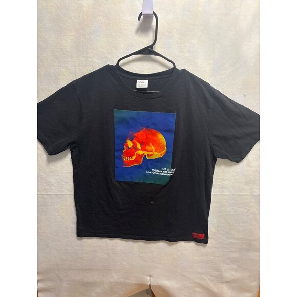 Zara Mens Black T-Shirt With Graphic Skull Print Red Label Size XL - Picture 1 of 11